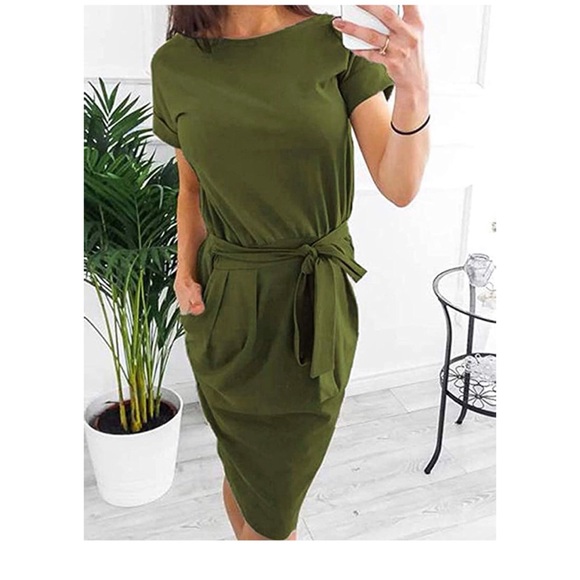 Short Sleeve Belted Pencil Dress with Pockets - Picture 2 of 6